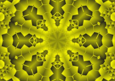 Dijital illüstrasyon, geometrik soyut renkli kaleydoskop simetrik desen ve gradyan etkisi. Klasik güzel dekoratif sarı arkaplan