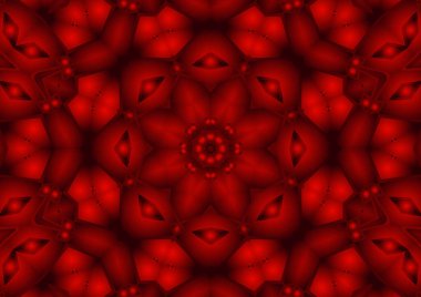 Dijital illüstrasyon, geometrik soyut renkli kaleydoskop simetrik desen ve gradyan etkisi. Klasik güzel dekoratif kırmızı arkaplan