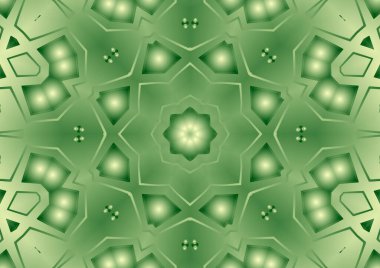 Dijital illüstrasyon, geometrik soyut renkli kaleydoskop simetrik desen ve gradyan etkisi. Klasik güzel dekoratif yeşil arkaplan