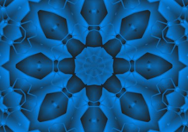 Dijital illüstrasyon, geometrik soyut renkli kaleydoskop simetrik desen ve gradyan etkisi. Klasik güzel dekoratif mavi arkaplan