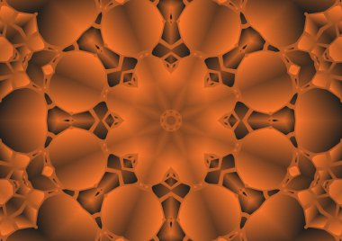 Dijital illüstrasyon, geometrik soyut renkli kaleydoskop simetrik desen ve gradyan etkisi. Klasik güzel dekoratif turuncu arka plan