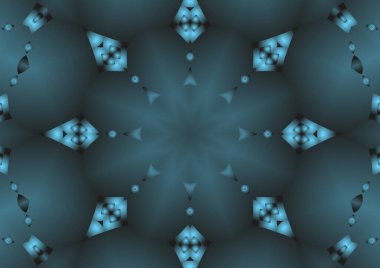 Dijital illüstrasyon, geometrik soyut renkli kaleydoskop simetrik desen ve gradyan etkisi. Klasik güzel dekoratif mavi arkaplan