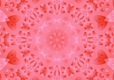 Dijital illüstrasyon, geometrik soyut renkli kaleydoskop simetrik desen ve gradyan etkisi. Klasik güzel dekoratif pembe arkaplan