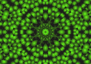 Dijital illüstrasyon, geometrik soyut renkli kaleydoskop simetrik desen ve gradyan etkisi. Klasik güzel dekoratif yeşil arkaplan