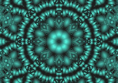 Dijital illüstrasyon, geometrik soyut renkli kaleydoskop simetrik desen ve gradyan etkisi. Klasik güzel dekoratif arkaplan