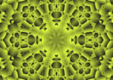 Dijital illüstrasyon, geometrik soyut renkli kaleydoskop simetrik desen ve gradyan etkisi. Klasik güzel dekoratif sarı arkaplan