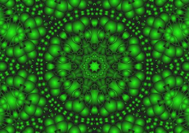 Dijital illüstrasyon, geometrik soyut renkli kaleydoskop simetrik desen ve gradyan etkisi. Klasik güzel dekoratif yeşil arkaplan