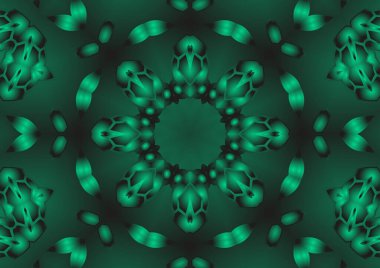 Dijital illüstrasyon, geometrik soyut renkli kaleydoskop simetrik desen ve gradyan etkisi. Klasik güzel dekoratif yeşil arkaplan