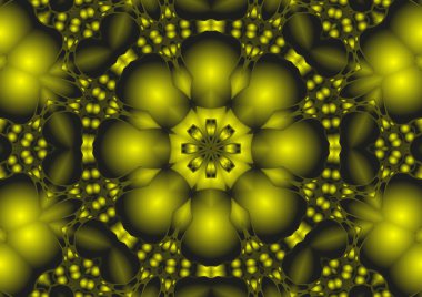 Dijital illüstrasyon, geometrik soyut renkli kaleydoskop simetrik desen ve gradyan etkisi. Klasik güzel dekoratif sarı arkaplan