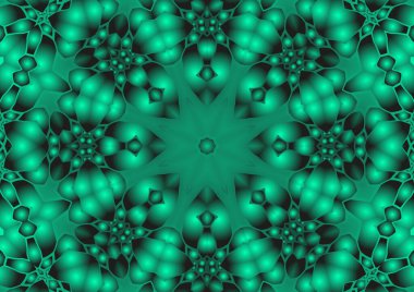 Dijital illüstrasyon, geometrik soyut renkli kaleydoskop simetrik desen ve gradyan etkisi. Klasik güzel dekoratif yeşil arkaplan