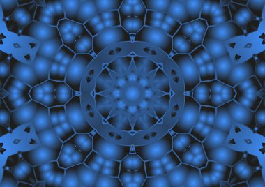 Dijital illüstrasyon, geometrik soyut renkli kaleydoskop simetrik desen ve gradyan etkisi. Klasik güzel dekoratif mavi arkaplan