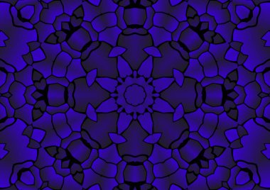 Dijital illüstrasyon, geometrik soyut renkli kaleydoskop simetrik desen ve gradyan etkisi. Klasik güzel dekoratif mavi arkaplan