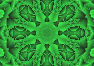 Dijital illüstrasyon, geometrik soyut renkli kaleydoskop simetrik desen ve gradyan etkisi. Klasik güzel dekoratif yeşil arkaplan