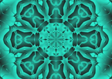 Dijital illüstrasyon, geometrik soyut renkli kaleydoskop simetrik desen ve gradyan etkisi. Klasik güzel dekoratif yeşil arkaplan