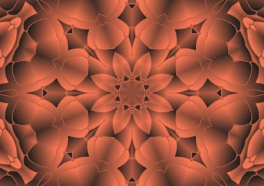 Dijital illüstrasyon, geometrik soyut renkli kaleydoskop simetrik desen ve gradyan etkisi. Klasik güzel dekoratif turuncu arka plan