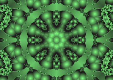 Dijital illüstrasyon, geometrik soyut renkli kaleydoskop simetrik desen ve gradyan etkisi. Klasik güzel dekoratif yeşil arkaplan