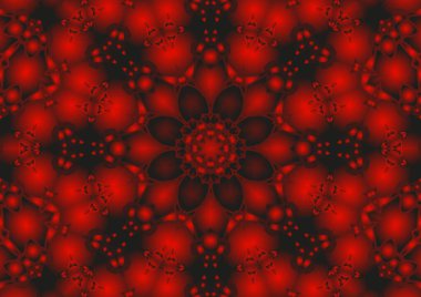 Dijital illüstrasyon, geometrik soyut renkli kaleydoskop simetrik desen ve gradyan etkisi. Klasik güzel dekoratif kırmızı arkaplan