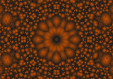 Dijital illüstrasyon, geometrik soyut renkli kaleydoskop simetrik desen ve gradyan etkisi. Klasik güzel dekoratif turuncu arka plan