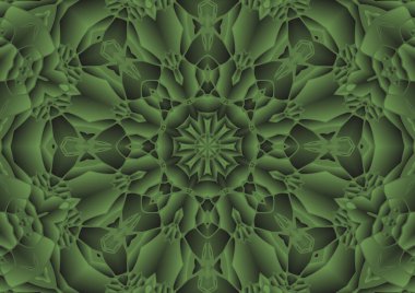 Dijital illüstrasyon, geometrik soyut renkli kaleydoskop simetrik desen ve gradyan etkisi. Klasik güzel dekoratif yeşil arkaplan