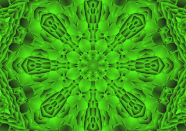 Dijital illüstrasyon, geometrik soyut renkli kaleydoskop simetrik desen ve gradyan etkisi. Klasik güzel dekoratif yeşil arkaplan