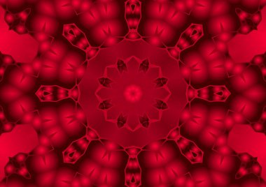 Dijital illüstrasyon, geometrik soyut renkli kaleydoskop simetrik desen ve gradyan etkisi. Klasik güzel dekoratif kırmızı arkaplan