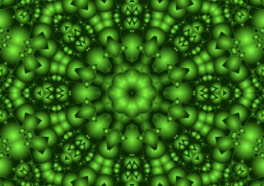 Dijital illüstrasyon, geometrik soyut renkli kaleydoskop simetrik desen ve gradyan etkisi. Klasik güzel dekoratif yeşil arkaplan