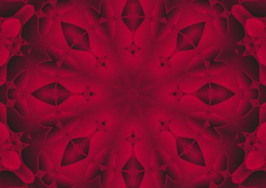 Dijital illüstrasyon, geometrik soyut renkli kaleydoskop simetrik desen ve gradyan etkisi. Klasik güzel dekoratif kırmızı arkaplan