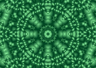 Dijital illüstrasyon, geometrik soyut renkli kaleydoskop simetrik desen ve gradyan etkisi. Klasik güzel dekoratif yeşil arkaplan