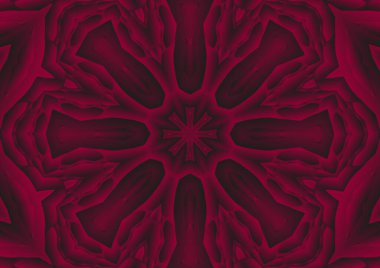 Dijital illüstrasyon, geometrik soyut renkli kaleydoskop simetrik desen ve gradyan etkisi. Klasik güzel dekoratif kırmızı arkaplan