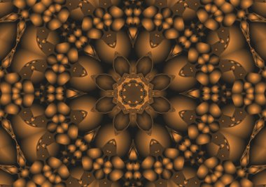 Dijital illüstrasyon, geometrik soyut renkli kaleydoskop simetrik desen ve gradyan etkisi. Klasik güzel dekoratif turuncu arka plan