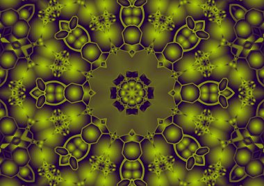 Dijital illüstrasyon, geometrik soyut renkli kaleydoskop simetrik desen ve gradyan etkisi. Klasik güzel dekoratif arkaplan