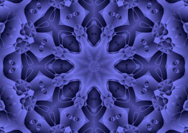 Dijital illüstrasyon, geometrik soyut renkli kaleydoskop simetrik desen ve gradyan etkisi. Klasik güzel dekoratif mavi arkaplan