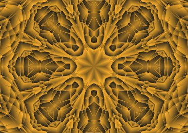 Dijital illüstrasyon, geometrik soyut renkli kaleydoskop simetrik desen ve gradyan etkisi. Klasik güzel dekoratif turuncu arka plan