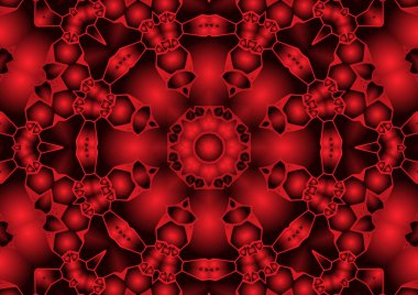 Dijital illüstrasyon, geometrik soyut renkli kaleydoskop simetrik desen ve gradyan etkisi. Klasik güzel dekoratif kırmızı arkaplan