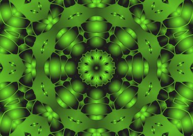 Dijital illüstrasyon, geometrik soyut renkli kaleydoskop simetrik desen ve gradyan etkisi. Klasik güzel dekoratif yeşil arkaplan