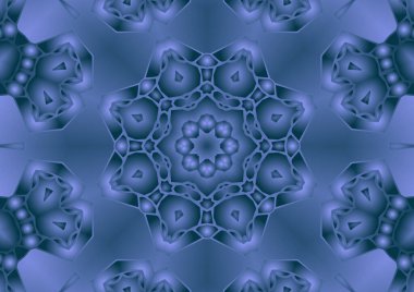 Dijital illüstrasyon, geometrik soyut renkli kaleydoskop simetrik desen ve gradyan etkisi. Klasik güzel dekoratif mavi arkaplan