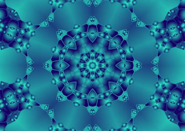 Dijital illüstrasyon, geometrik soyut renkli kaleydoskop simetrik desen ve gradyan etkisi. Klasik güzel dekoratif arkaplan