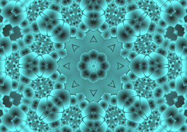 Dijital illüstrasyon, geometrik soyut renkli kaleydoskop simetrik desen ve gradyan etkisi. Klasik güzel dekoratif arkaplan