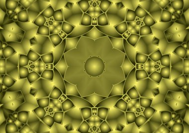 Dijital illüstrasyon, geometrik soyut renkli kaleydoskop simetrik desen ve gradyan etkisi. Klasik güzel dekoratif sarı arkaplan