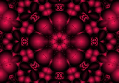 Dijital illüstrasyon, geometrik soyut renkli kaleydoskop simetrik desen ve gradyan etkisi. Klasik güzel dekoratif kırmızı arkaplan