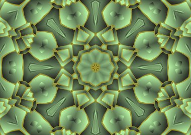 Dijital illüstrasyon, geometrik soyut renkli kaleydoskop simetrik desen ve gradyan etkisi. Klasik güzel dekoratif arkaplan