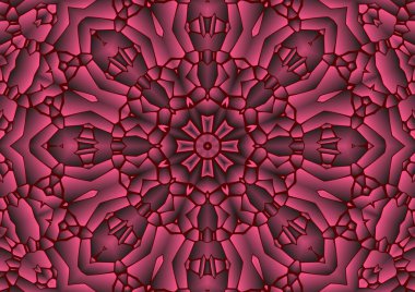 Dijital illüstrasyon, geometrik soyut renkli kaleydoskop simetrik desen ve gradyan etkisi. Klasik güzel dekoratif kırmızı arkaplan