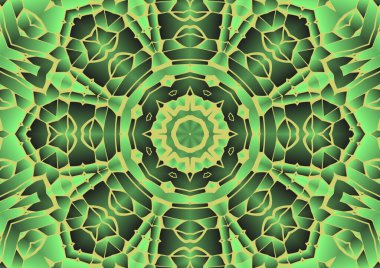 Dijital illüstrasyon, geometrik soyut renkli kaleydoskop simetrik desen ve gradyan etkisi. Klasik güzel dekoratif yeşil arkaplan