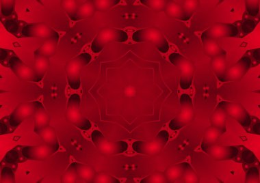 Dijital illüstrasyon, geometrik soyut renkli kaleydoskop simetrik desen ve gradyan etkisi. Klasik güzel dekoratif kırmızı arkaplan