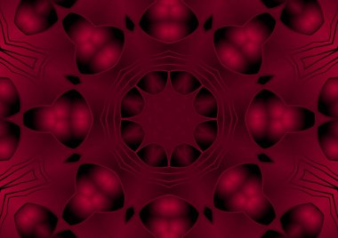 Dijital illüstrasyon, geometrik soyut renkli kaleydoskop simetrik desen ve gradyan etkisi. Klasik güzel dekoratif kırmızı arkaplan