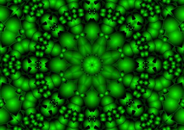 Dijital illüstrasyon, geometrik soyut renkli kaleydoskop simetrik desen ve gradyan etkisi. Klasik güzel dekoratif yeşil arkaplan
