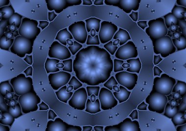 Dijital illüstrasyon, geometrik soyut renkli kaleydoskop simetrik desen ve gradyan etkisi. Klasik güzel dekoratif mavi arkaplan