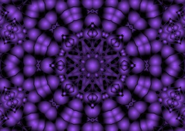 Dijital illüstrasyon, geometrik soyut renkli kaleydoskop simetrik desen ve gradyan etkisi. Klasik güzel dekoratif mor arkaplan