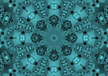 Dijital illüstrasyon, geometrik soyut renkli kaleydoskop simetrik desen ve gradyan etkisi. Klasik güzel dekoratif mavi arkaplan