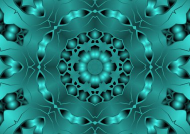 Dijital illüstrasyon, geometrik soyut renkli kaleydoskop simetrik desen ve gradyan etkisi. Klasik güzel dekoratif mavi arkaplan